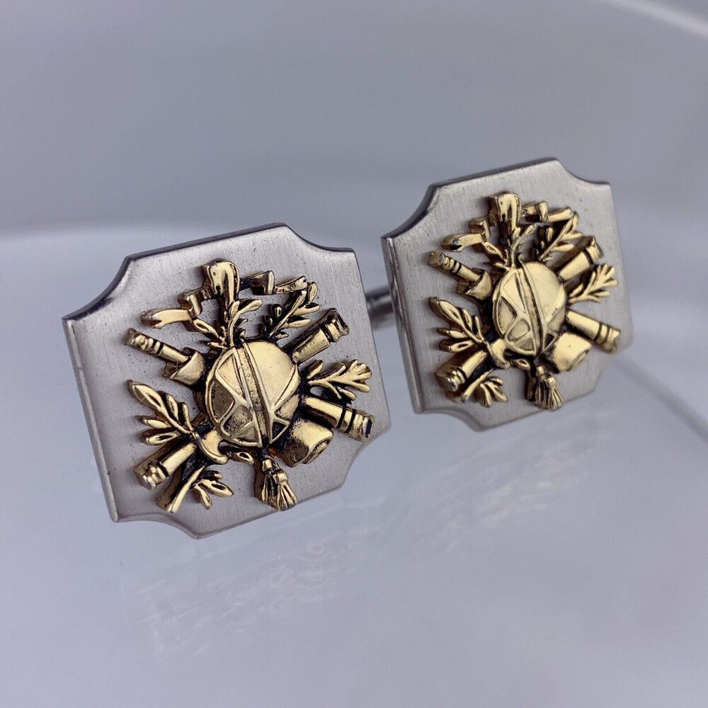 Insignia Heraldic Silver Tone Cufflinks Scroll Sword Telescope Swank Vintage
